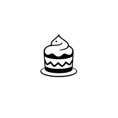 Minimalist Black and White Illustration of a Layered Cake with Whipped Cream, on a Plate.