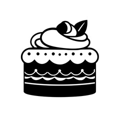 Black and White Vector Illustration of a Round Cake with Cream Frosting, a Berry, and a Leaf, on White.