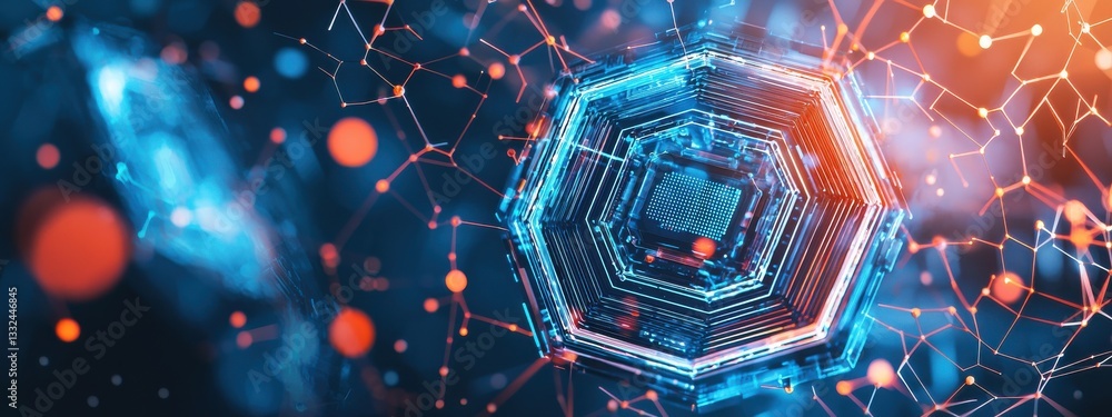 Poster futuristic hexagonal structure with digital connections and lights