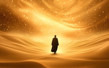 Solitary Traveler's Ascent: A lone figure, silhouetted against a radiant, golden cosmos, embarks on a journey of self-discovery, traversing an ethereal landscape.