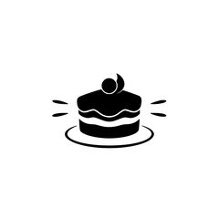 Minimalist black and white cake slice on a plate, adorned with a spherical and crescent topping, and stylized flavor accents on a white background.