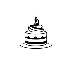 Elegant black and white minimalistic cake illustration, showcasing a layered design with decorative frosting and a stylized flame-like element atop, set against a pristine white background.