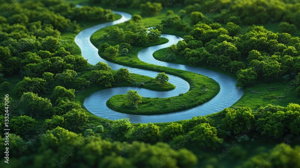 Poster a river winding through a forest in the shape of a world map