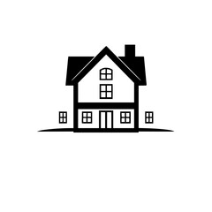 Black and White Silhouette of a Two-Story House with Chimney, Windows, Doors, and Minimalistic Lawn Design on White Background.