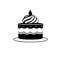 Elegant Black and White Vector Illustration of a Tiered Cake with Swirled Frosting and a Candle Detail, on a Simple Plate.