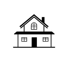 Black and white vector illustration of a simple, two-story house with a gabled roof, arched window, chimney, and minimalist design.