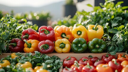 Fresh Colorful Bell Peppers and Green Herbs Displayed in a Rustic Outdoor Market Setting