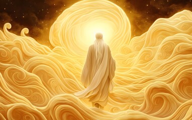 The Golden Passage: A solitary figure, shrouded in ethereal robes, journeys towards a radiant light in the heavens, walking through swirling golden clouds.