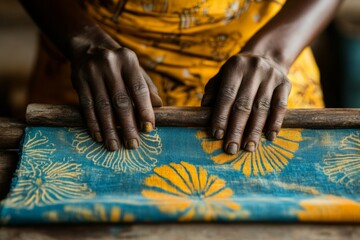 An artisan hands at work, creating a bold African print fabric using traditional block printing techniques, with vibrant dyes and wooden tools visible