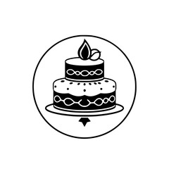 Elegant Black and White Two-Tier Cake Icon with Floral Topping and Circular Frame, Illustrative Design