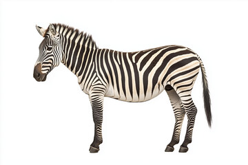 A full-length side profile of an African zebra standing against a plain white background, showcasing its black and white striped pattern.