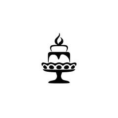 Elegant, Minimalist Black and White Cake Icon on Pedestal, with a Single Candle Flame on Top, Against a White Background.