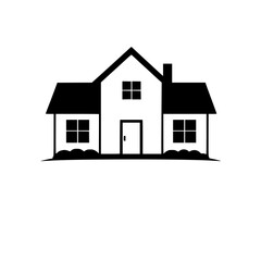 Minimalist Black and White Vector Illustration of a House with Windows, Door, and Chimney on a White Background, with a row of shrubs.
