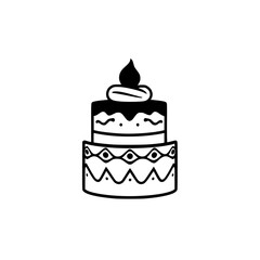 A two-tiered decorative cake illustration with a simple, elegant design featuring intricate patterns and a decorative top.