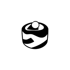 Minimalist black and white illustration of a layered dessert with a sphere on top, isolated on a clean white background.