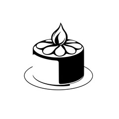 Black and white isometric illustration of a birthday cake with a single flame candle and floral frosting on a plate.