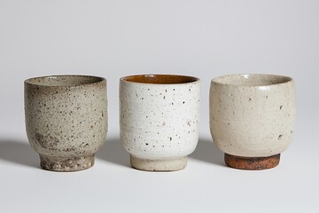 Three ceramic cups with varied textures and colors on a neutral background.