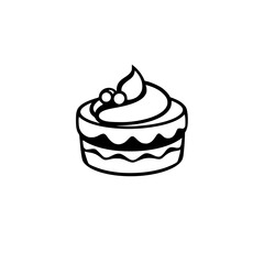 Simple Black and White Illustration of a Small, Layered Cake with Icing Swirl and Berries, Isolated on White Background