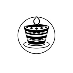 Stylized Black and White Graphic of a Layered Cake with Candle Flame Within a Circular Frame, Suitable for Logos.