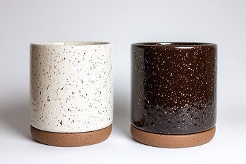 Two ceramic pots with speckled finishes and brown bases.