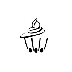 A minimalist black and white illustration of a cupcake subtly blending music notes into its design, conveying a playful and creative concept.
