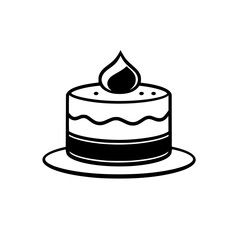 Simple and elegant minimalist black and white birthday cake with a single lit candle flame, presented on a round plate, isolated on white.