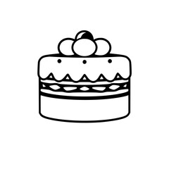 Simple, Monochrome Illustration of a Layered Cake Adorned with Icing and Fruit, Set Against a White Backdrop.