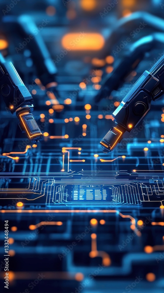 Poster robotic hands interacting with circuit board in futuristic environment