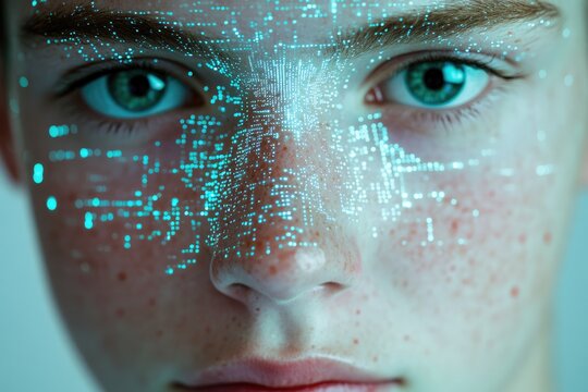 Close-up of a face with cyan digital data overlay, showcasing futuristic technology and human connection.