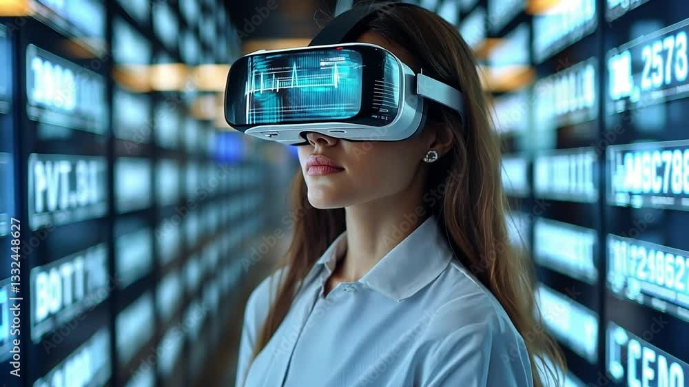 Poster usage of virtual reality technology in a modern tech environment with detailed data displays