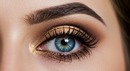 Obraz premium Close-up of blue eye with long eyelashes and perfect makeup. Macro shot of a woman’s eye with eyeliner, long eyelashes, and well-shaped eyebrow, beauty and cosmetic makeup concept
