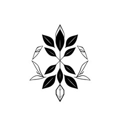Symmetrical Black Leaf Design on White: Elegant, Minimalist Botanical Illustration with Geometric Accents.