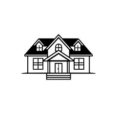 Minimalist Black and White Line Art Illustration of a Classic American Suburban House with Dormers, Windows, and Porch.