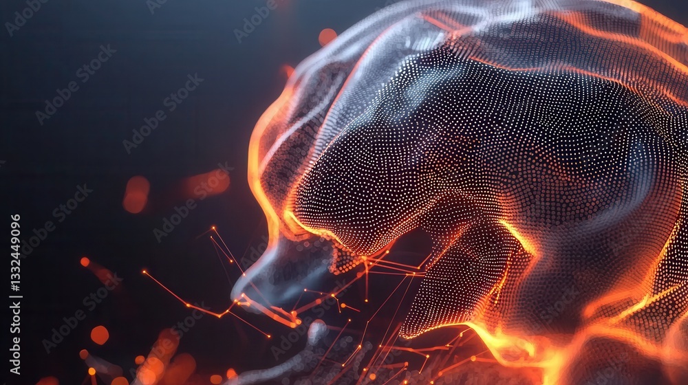 Poster futuristic abstract visualization of a complex global neural network system with glowing digital par