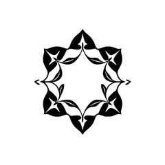 Elegant Black and White Circular Floral Ornament Design with a Star-like Arrangement of Leaf Motifs, Evoking Symmetry.