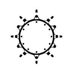 Abstract graphic of a gear-like design, featuring a dark inner ring with smaller circular elements and stylized, outward-facing 