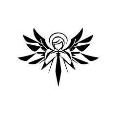 Abstract Black and White Illustration of an Angel with Spreading Wings and a Halo, Symbolic and Minimalist Design.