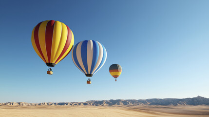 Obraz premium Colorful hot air balloons soaring over vast desert landscape under clear blue sky