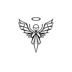 Geometric Black & White Angel Illustration with Halo, Modern & Minimalist Design, Symbolic & Pure, on a clean background.