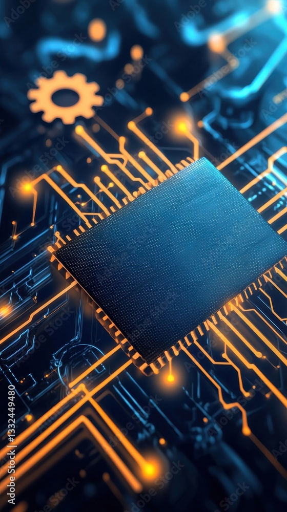 Poster close-up view of a microchip with electronic circuit board design