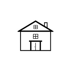 Simple, minimalist illustration of a two-story house with a gabled roof, windows, and a chimney, isolated on a white background.