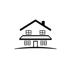 Minimalist Black and White Vector Illustration of a Two-Story House with a Steep Roof, Chimney, and Small Windows, on a Soft Curved Line.