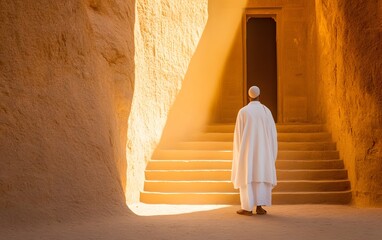 Mysterious Passage: A solitary figure, cloaked in white, stands before a sunlit passage in an ancient structure, exuding a sense of introspection and spiritual journey.