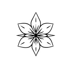Symmetrical Black and White Floral Design with Six Petals and Intricate Center Details, Isolated on White Background.