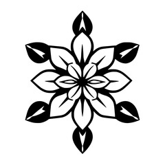 Symmetrical Black and White Floral Mandala Pattern with Six Petal Arrangement on White Background.