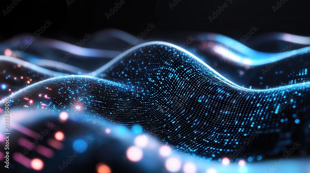 Poster vibrant luminescent data streams flow and intersect against a contrasting dark and white background 