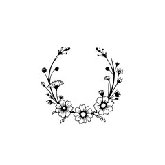 A minimalist black and white illustration depicting a delicate floral wreath composed of stylized flowers, leaves, and branches.