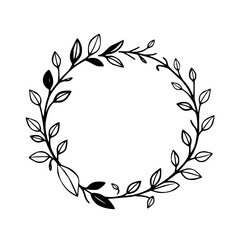 A detailed, hand-drawn, black and white botanical illustration featuring a minimalist circular wreath composed of intertwining branches and leaves against a white background.