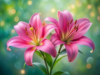 Fototapeta premium Two Delicate Pink Lily Blossoms, Left-Aligned with Copy Space - Stock Photo