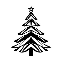 Simple, stylized, black and white Christmas tree illustration with sharp angles and star topper against white background, ideal for festive designs.